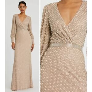 Mac Duggal 10062 Beige Size 4 Wrap Over Pearl Gown Beaded Bishop Sleeves NWT